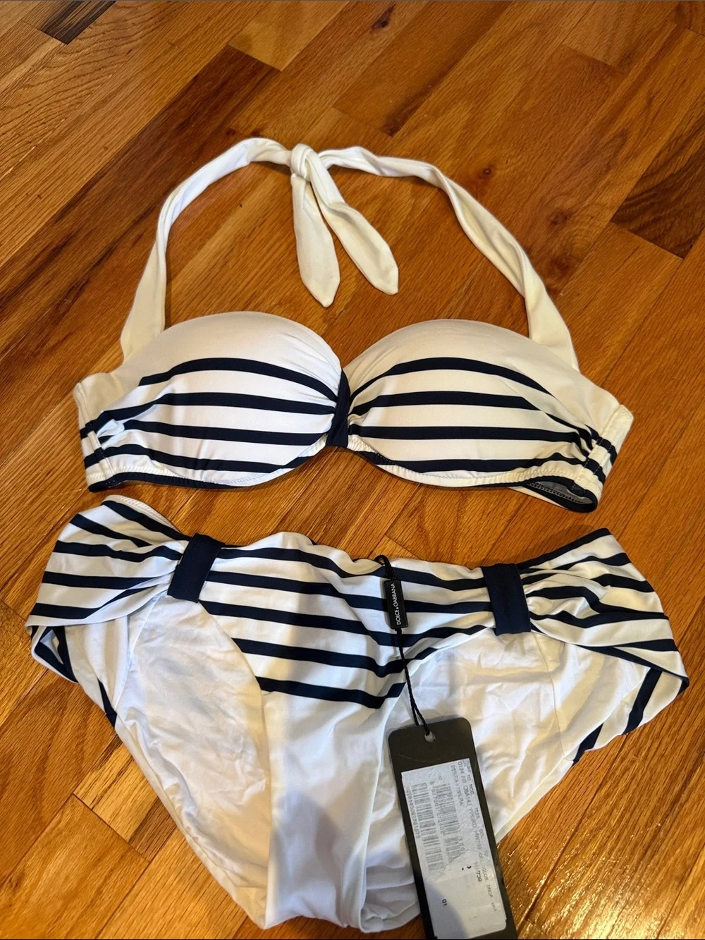 Dolce & Gabbana Striped White & Navy Halter Bikini Set - Women Swim
